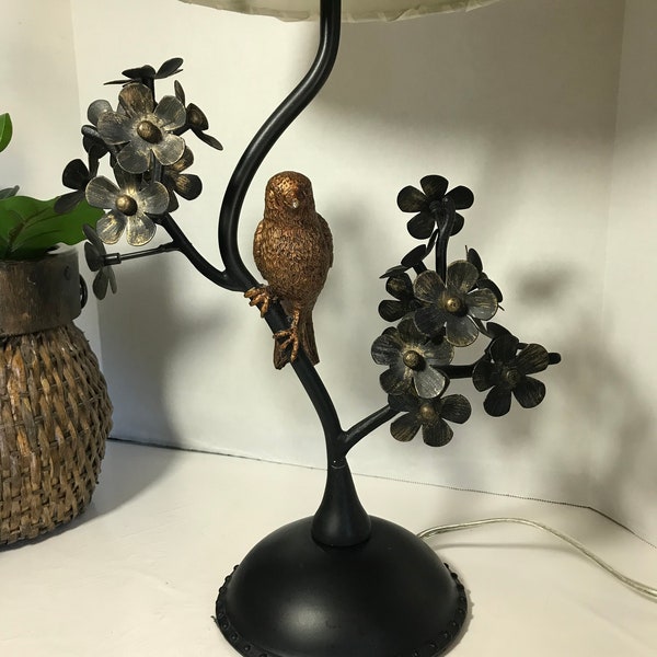 Vintage floral bird metal lamp, black metal floral and gold bird table lamp, French Country decor, Shabby Chic lamp, English country decor