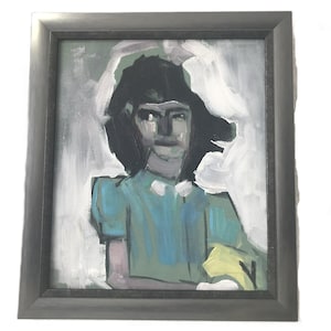 Dipinto originale astratto con ritratto di ragazza in abito blu, tela vintage incorniciata, stile espressionista moderno