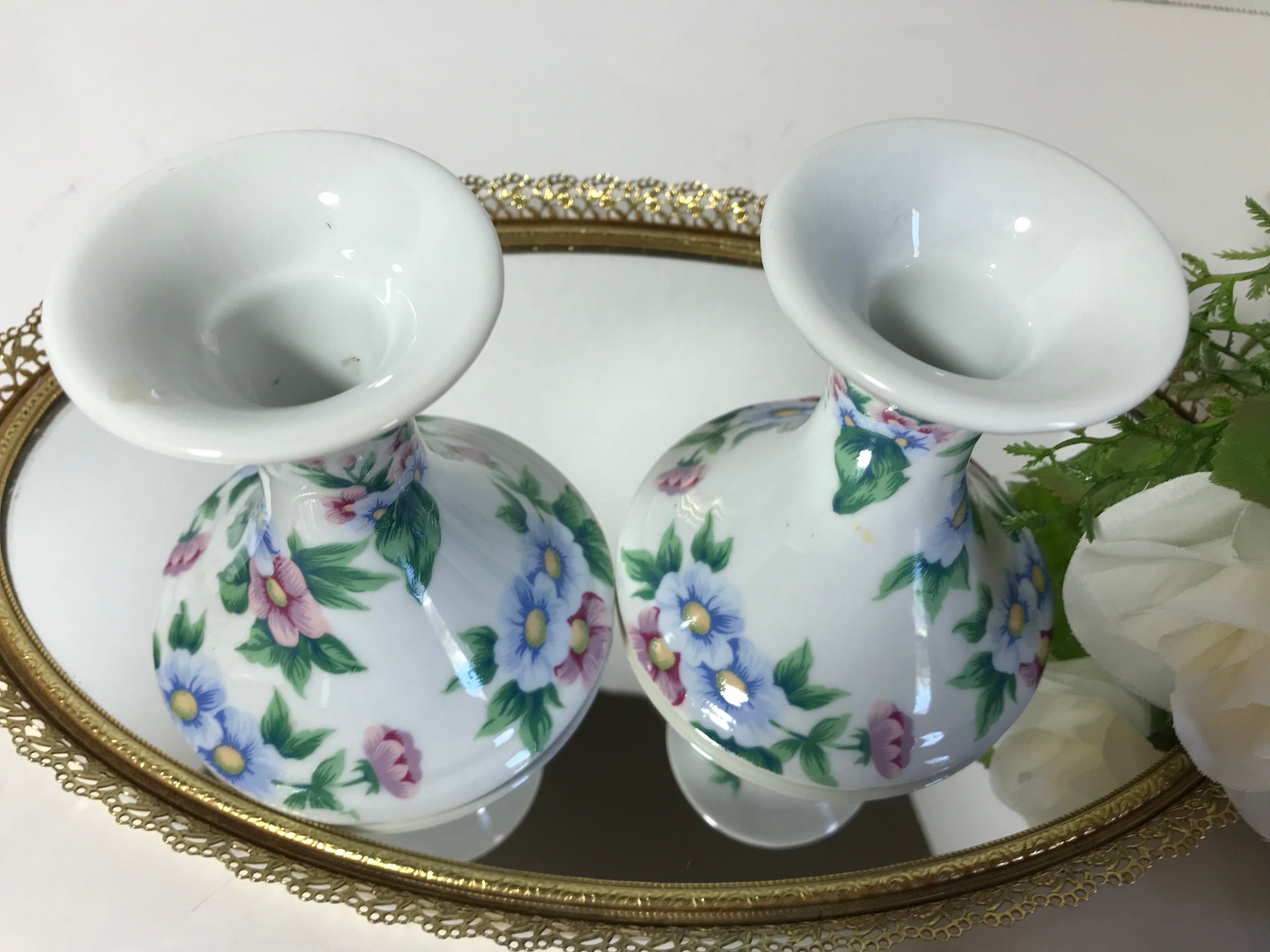 ヴィンテージ磁器の花柄キャンドルホルダー、ヴィンテージセラミックの