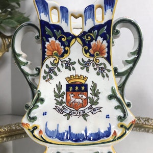 Vintage French Rouen ceramic bud vase, Vintage Rouen blue and white small handled vase, blue, white and yellow floral small porcelain vase