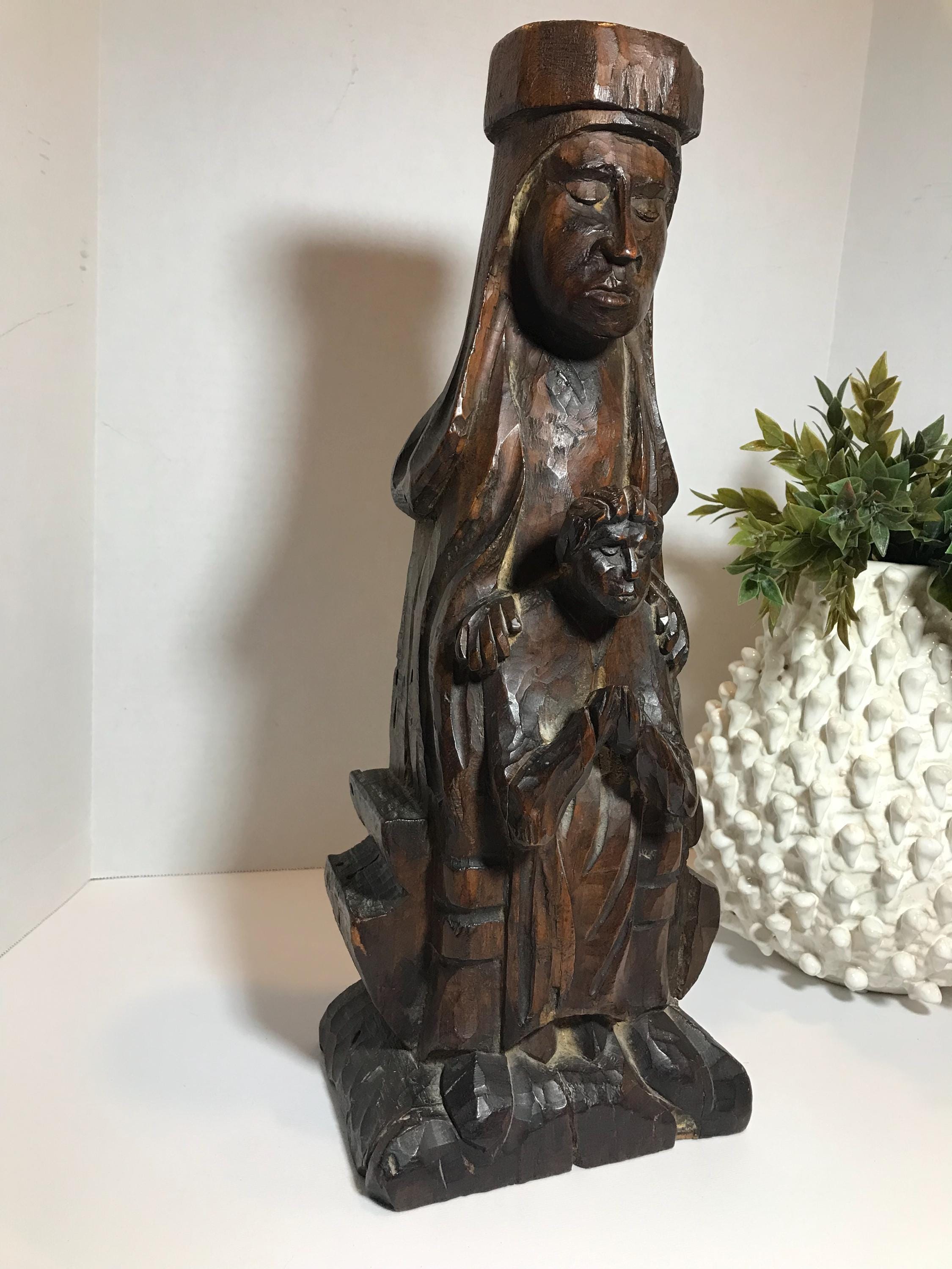 Antique Carved Wood Madonna and Child Statue | Large 17.75" Religious ...