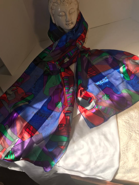 Vintage Picasso print silk 60x14 scarf, Vintage a… - image 5