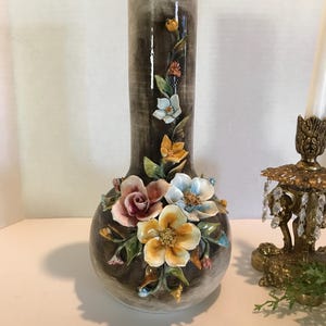 Vintage 1960s porcelain ornate large vase, Vintage ceramic elegant rose vase, French Country style porcelain vase with applied floral design
