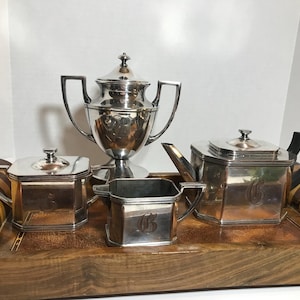 Vintage art deco Lawrence B. Smith Sheffield monogrammed silver tea set, Sheffield Lawrence B. Smith silverplate tea pot, creamer and sugar