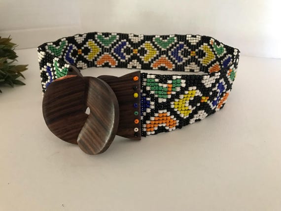 Vintage Handmade Beaded Belt, Hand Beaded Vintage Belt, Colorful - Main Image