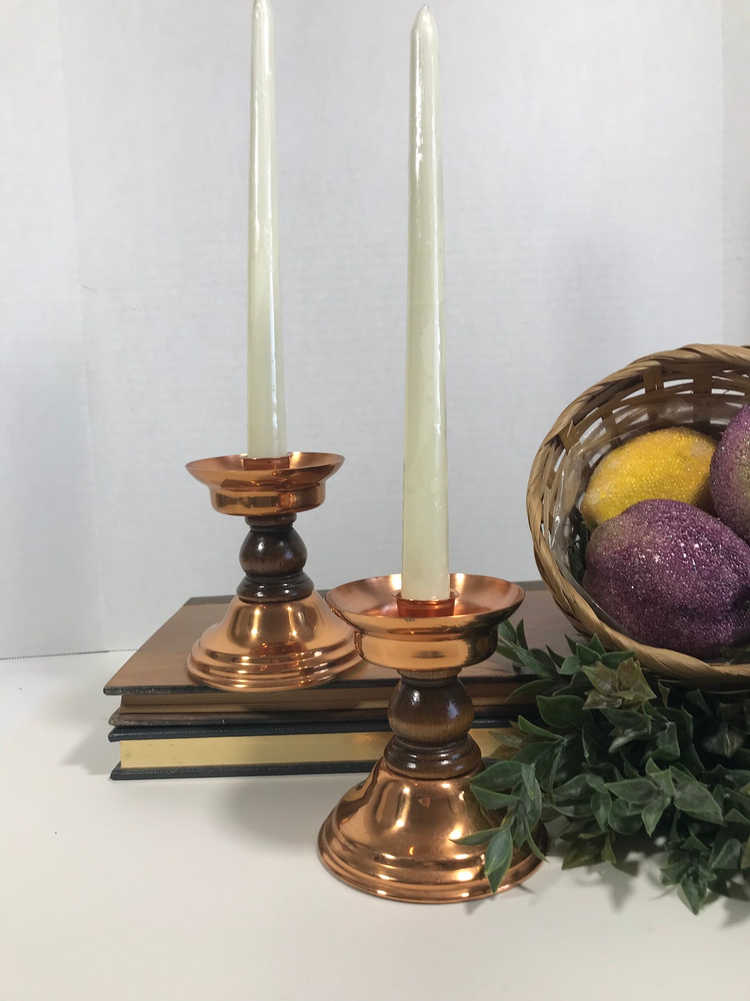 Vintage Copper and Wood Candle Holders, Vintage Copper and Wood Taper