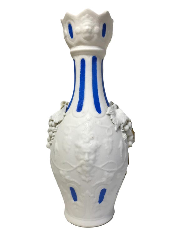 Weiße Vintage Porzellanvase, weiße Biskuitporzellanvase, weiße Biskuitporzellanvase mit blauen Streifen, kleine weiße Biskuitvase