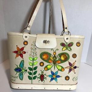 Vintage 1960s Enid Collins original Summer Time tote handbag purse, Enid Collins canvas leather handbag purse, Vintage 60s Enid Collins bag