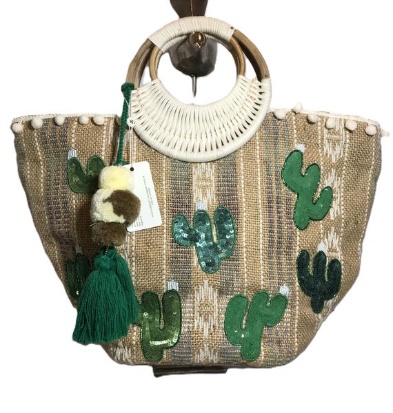 Large Burlap Beach Bag Vacation Tote, Burlap and Sequin Cactus