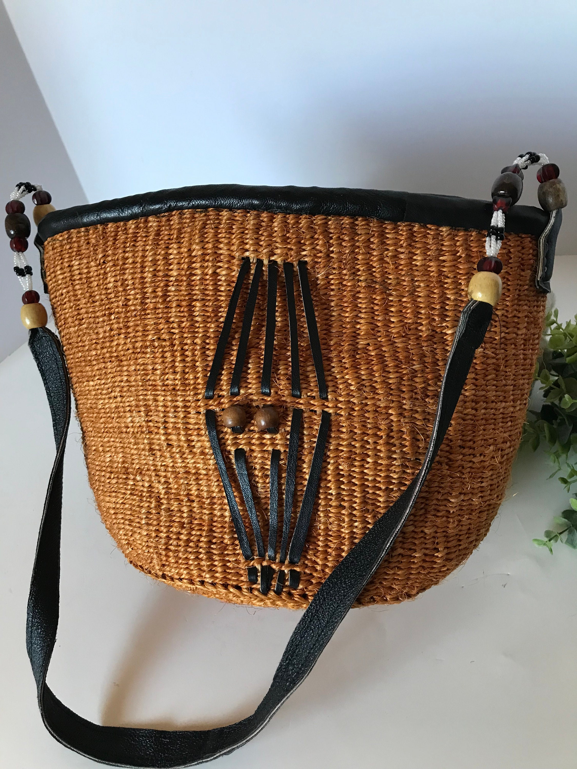 Vintage 70’s 60’s raffia sisal straw bag purse backpack southwest boho western 70 main image 4