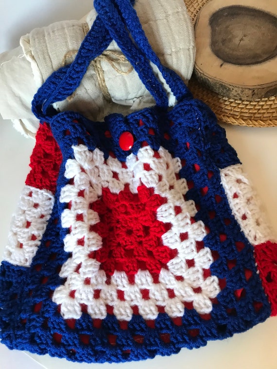 Vintage woven knit crochet purse, handbag, tote r… - image 1