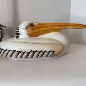 Vintage hand carved wooden pelican decoy style statue, one of a kind Whimsical folk art pelican carving, coastal beach house decor