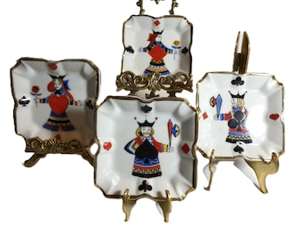 Vintage 50s ceramic playing card motif ashtrays, Vintage playing card white ceramic gold rimmed ashtrays, vintage card deck ashtray set of 4