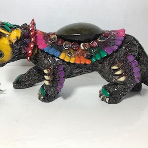 Vintage jaguar statue, Mexican folkart jaguar large sculpture statue with gemstone embellishments, Whimsical jaguar tiger panther figurine