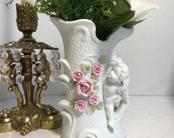 Vintage 1940s cherub porcelain vase, ceramic porcelain bisque cherub and floral relief vase, Victorian style white pink elegant cherub vase