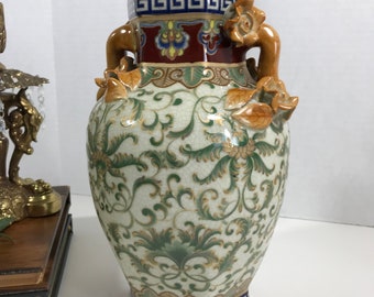 Vintage ceramic large Chinese crackle glaze lidded urn, ginger jar, vase, Vintage Chinoiserie style ginger jar, vase with applied flowers
