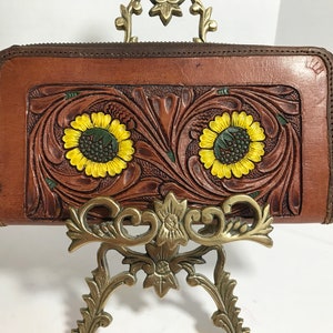 Cartera de cuero con herramientas vintage, billetera pintada a mano de cuero con herramientas estilo México, billetera de cuero Boho, billetera con cremallera de cuero con herramientas de girasol