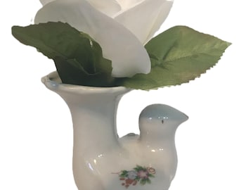 Jarrón pequeño de cerámica vintage con forma de pájaro, base de capullo blanco, jarrón de capullo con forma de pájaro blanco, jarrón de pájaro de un solo tallo, jarrón pequeño con forma de pájaro floral, jarrón único.