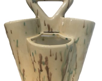 Art pottery utensil holder, signed 1988, Ceramic splatter glaze planter, Drip glazed art pottery, ceramic brush holder, MCM ceramic planter