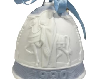 Vintage Lladro 1990 Porcelain Bisque Blue and White embossed Christmas bell