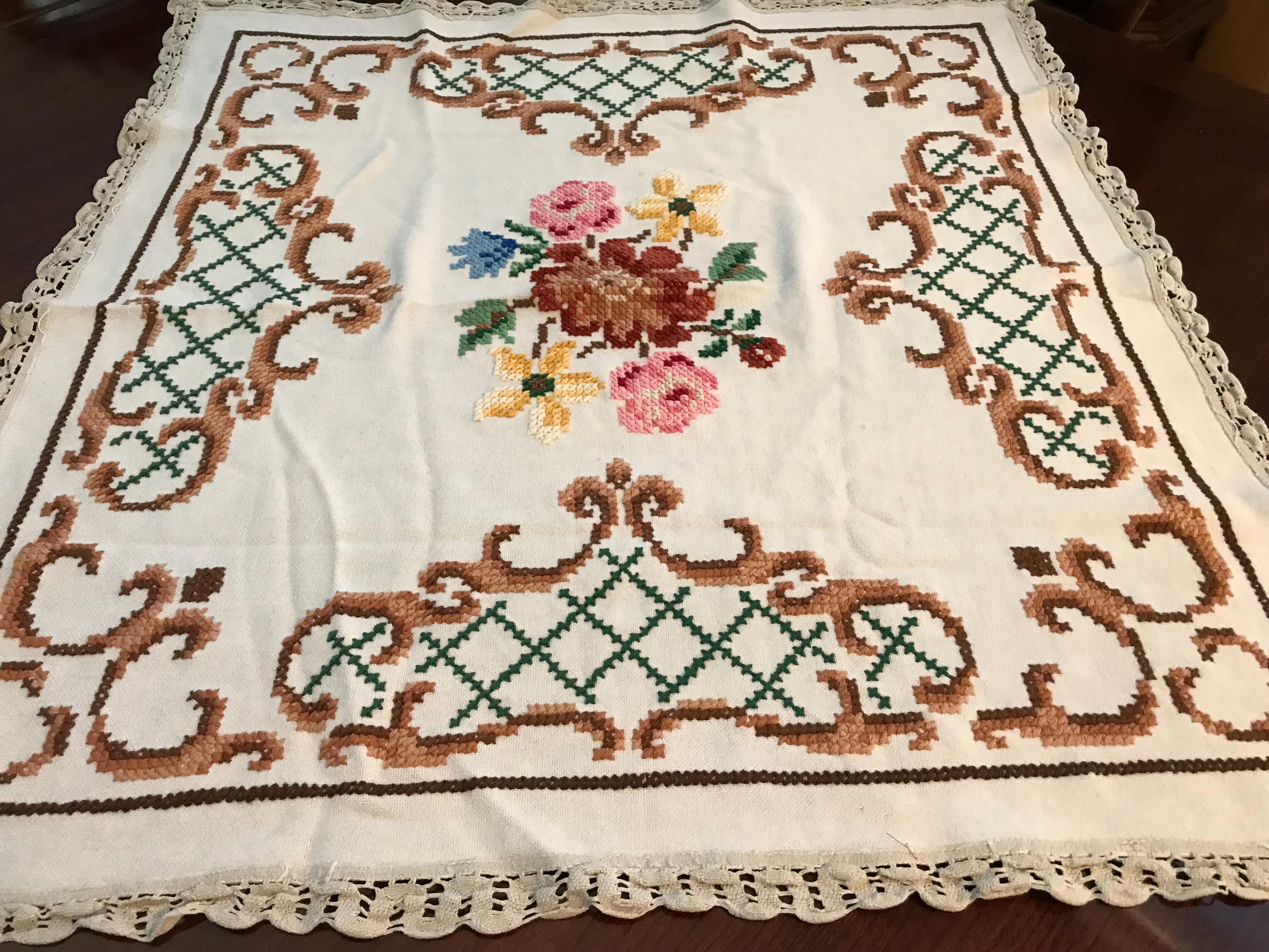 ヴィンテージホワイト刺繍クロスステッチハンドメイドテーブルクロス