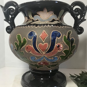 Vintage ceramic urn style vase with handpainted design, Vintage pottery large handled vase with colorful design, Vintage ceramic vase urn