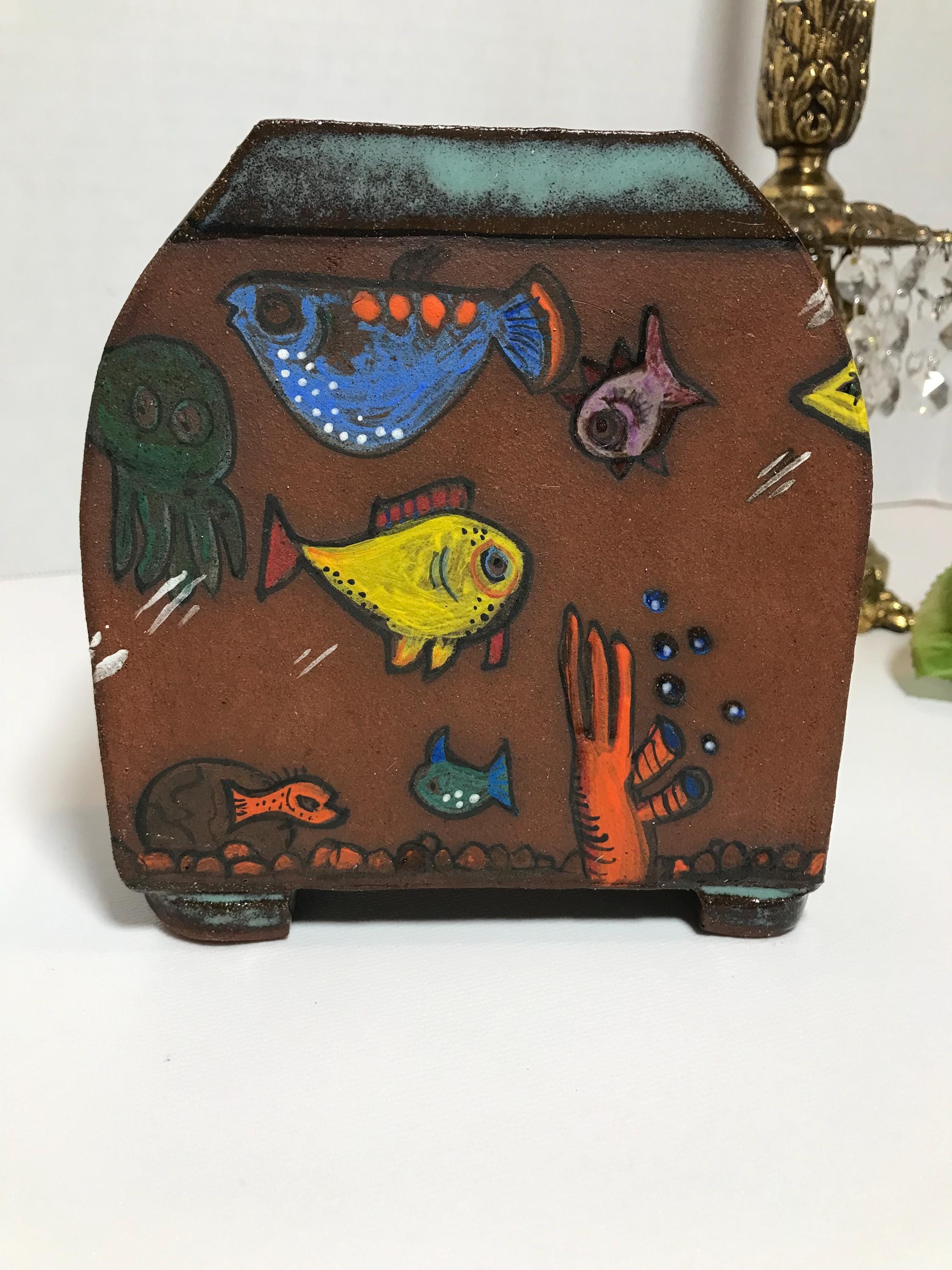 ヴィンテージスタジオの手描き陶器、海底花瓶、サイン入り、アン