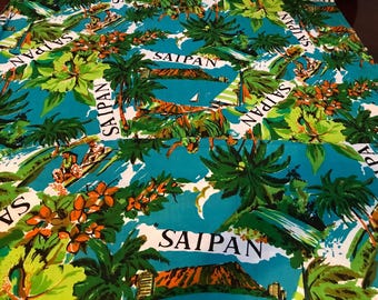 Vintage tropical Saipan printed fabric, Vintage blue cotton Hawaiian style fabric, Palm trees, Hula dancers Saipan printed cotton fabric