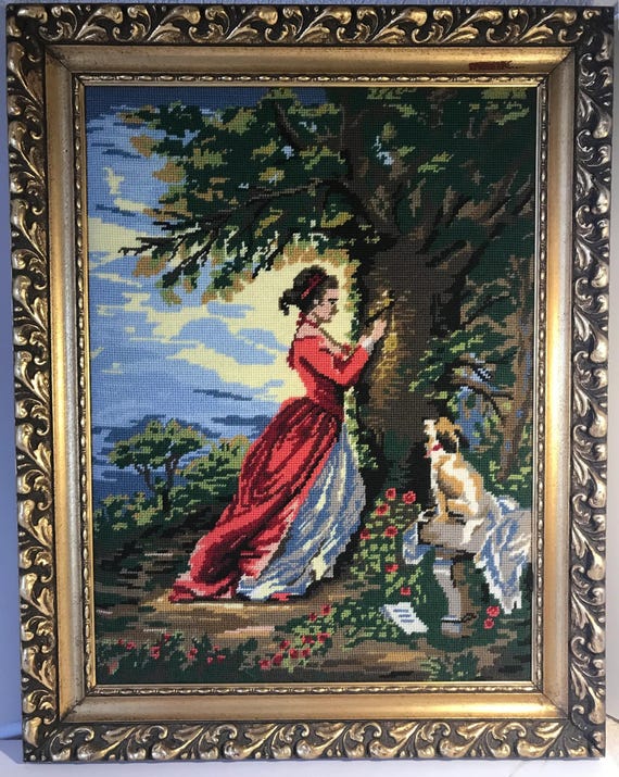 Vintage Yarn Art Framed Large 28x22 Gold Ornate Framed Needlepoint