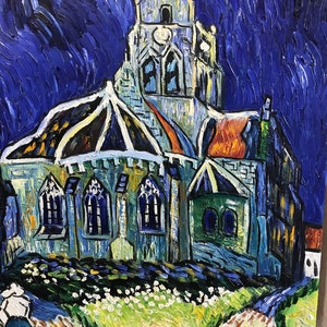 May include: A painting of a church with a tall tower and a rounded roof. The church is painted in a style reminiscent of Vincent van Gogh, with swirling brushstrokes and bright colors. The sky is a deep blue, and the church is illuminated by a warm yellow light.