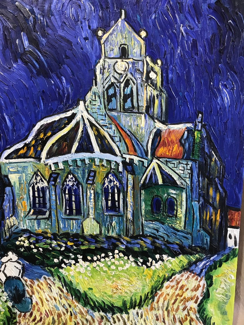 May include: A painting of a church with a tall tower and a rounded roof. The church is painted in a style reminiscent of Vincent van Gogh, with swirling brushstrokes and bright colors. The sky is a deep blue, and the church is illuminated by a warm yellow light.