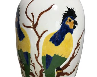 Jarrón de cerámica vintage con forma de pájaro, jarrón grande con forma de loro pintado a mano, firmado, jarrón vintage con forma de loro colorido pintado a mano, jarrón vintage con forma de loro artístico.