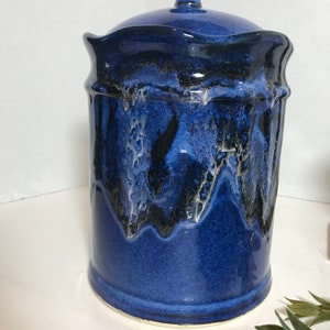 Vintage art pottery, Blue glazed pottery cannister, signed by artist, studio pottery blue drip glazed ceramic covered jar, signed