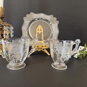 Vintage Fostoria Heather Etched Glass Creamer & Sugar Set with Ornate Handles
