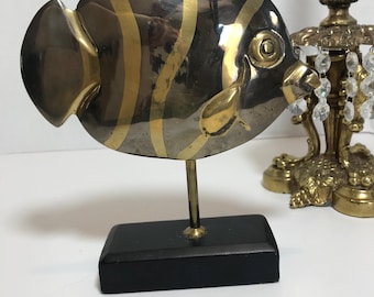 Vintage Brass and Silver Fish Sculpture, Vtg Silver Metal and