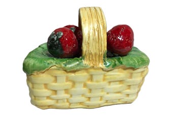 Vintage Italian ceramic basket with strawberries decorative home decor, ceramic woven basket with greenery and strawberries, made in Italy