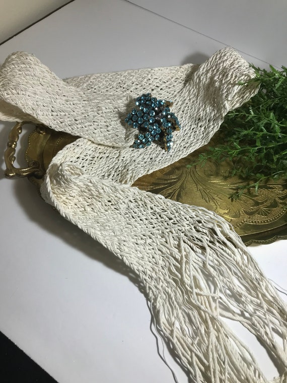Vintage White Macrame Belt With Blue Jeweled Vintage Brooch 
