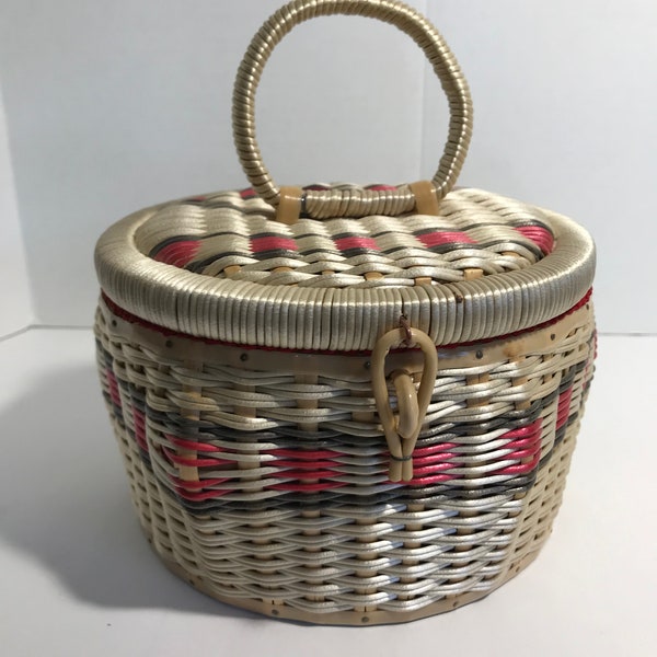 Vintage 1950s Sewing Basket made in Japan, Vintage plastic weave sewing basket with handle and red lining, Vintage 50s sewing box