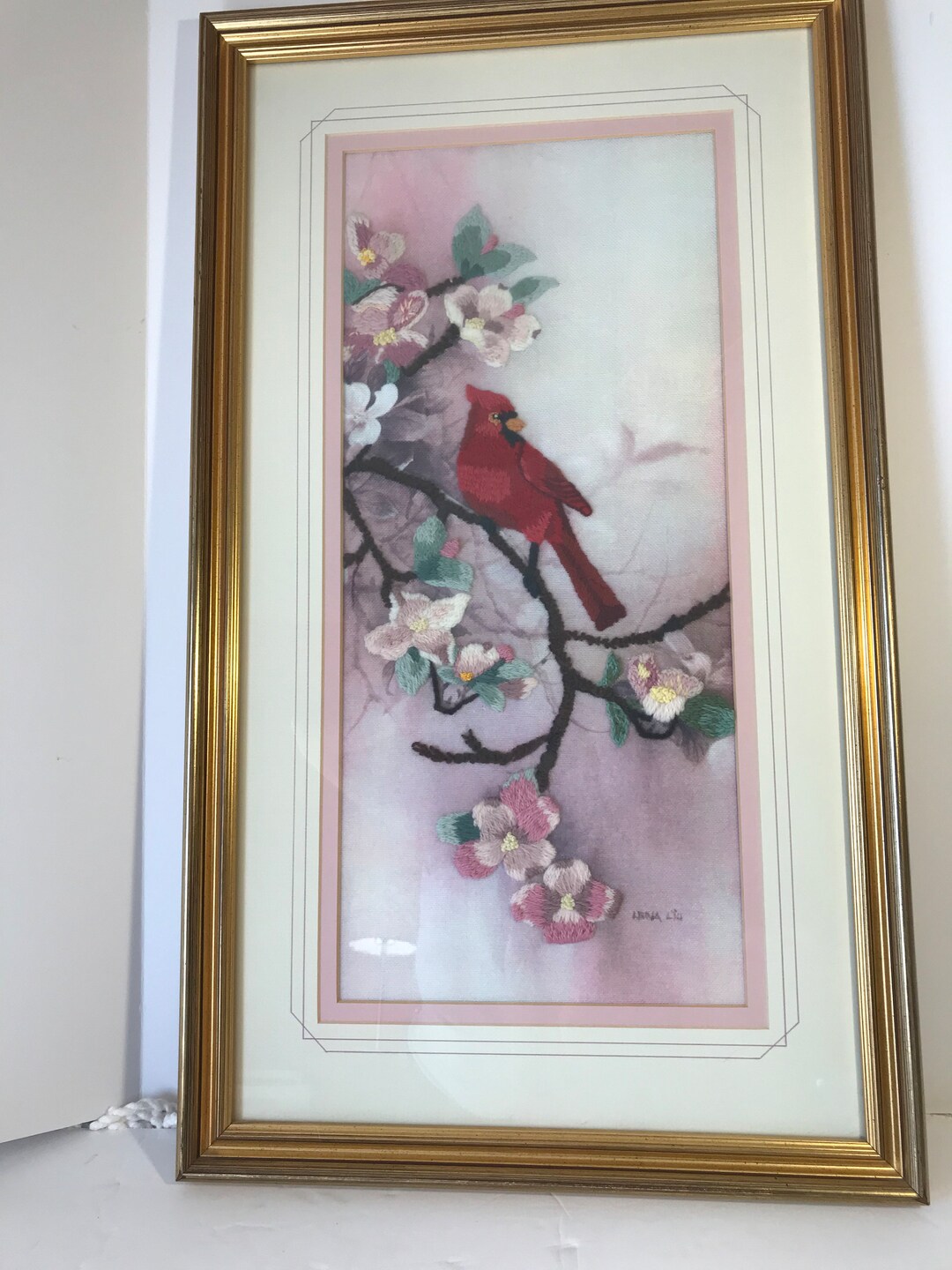 Vintage Lena Liu Cardinal on Branch Crewel Art, Vintage Lena Liu Framed