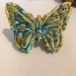 Vintage ceramic large colorful bead, Vtg 1970s ceramic drip glaze butterfly macrame bead, butterfly craft macrame art pottery 3.75&quot; bead