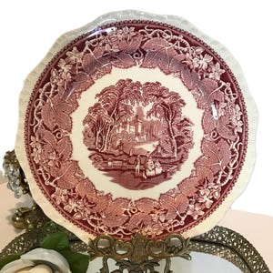 Mason's Ironstone röd transferware tallrik 10.5", Mason's England röd vit Vista transferware middagstallrik, Mason's England Vista 10.5" tallrik