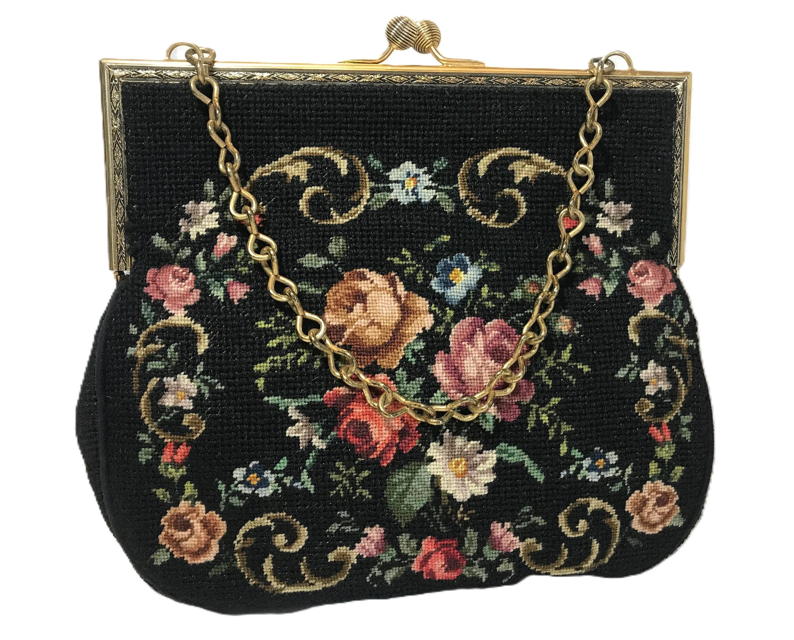 Borsa A Tracolla Vintage Liziblloy Con Ricamo Floreale E Chiusura A Bacio, Manico In Perle, 26x6x18 Cm