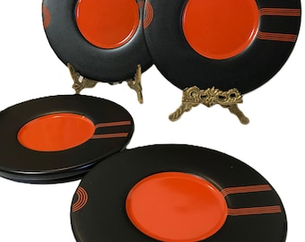 Vintage Ikea plates, vtg black and red graphic Ikea 7" plates, Ikea black matte post modern style ceramic plates, set of 4, Ikea retro plate