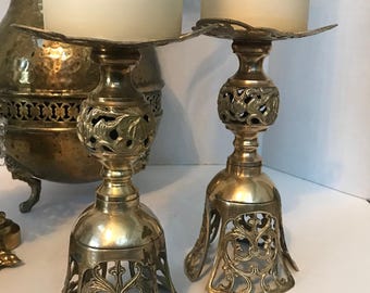Vintage brass candle holders, Antique brass reticulated candle holder set, Vtg brass ornate candle holders, brass cherub candle holders.