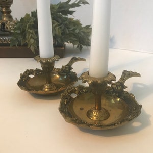 Vintage brass candle holders, Antique brass chamberstick candle holder set, Vtg brass ornate candle stick holders, brass candle holders.