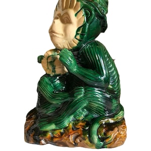 Vintage green majolica monkey statue, Vintage glazed ceramic green monkey and baby, Vintage Hollywood Regency monkey statue, monkey decor