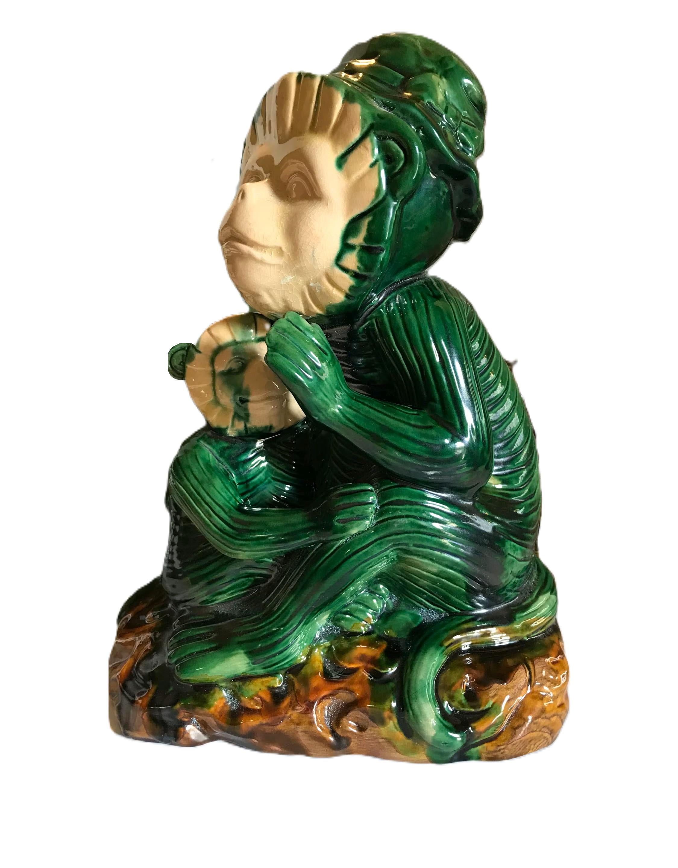 Vintage Green Majolica Monkey Statue, Vintage Glazed Ceramic Green