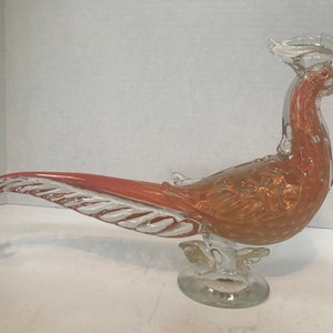 Italian Murano orange art glass 15&quot; large pheasant bird sculpture, Murano Sommerso art glass orange large pheasant bird figurine statue