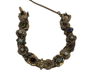 Vintage Goldette NY Slide Charm Bracelet, Victorian Revival Gold Tone Bracelet with Original Stones, Collectible Mid Century Jewelry