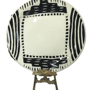 Vintage signed art pottery plate, vintage black and white graphic ceramic plate, red clay pottery abstract design signed ceramic plate